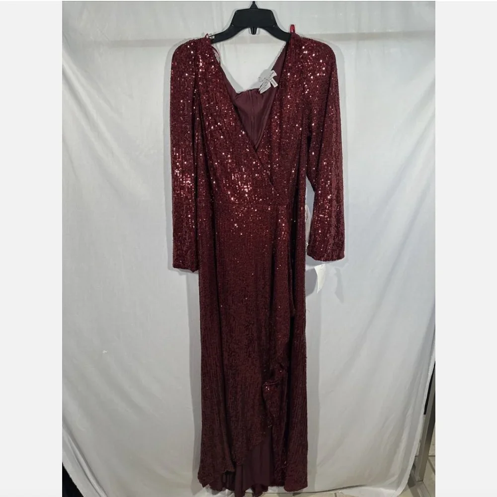 NEW $398 IEENA Mac‎ Duggal [ 16 ] Sequin Wrap Evening Gown in Wine Red #Q480